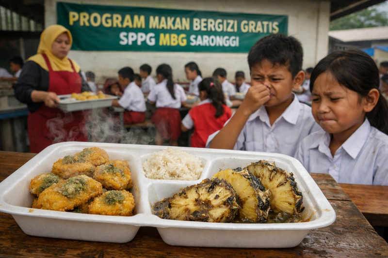 Foto ilustrasi Program Makan Bergizi Gratis (MBG) yang dikelola Satuan Pelayanan Pemenuhan Gizi (SPPG) Saronggi, Kecamatan Saronggi, Kabupaten Sumenep Nugget Bau hingga Nanas Busuk (Za - garudajatim.com)
