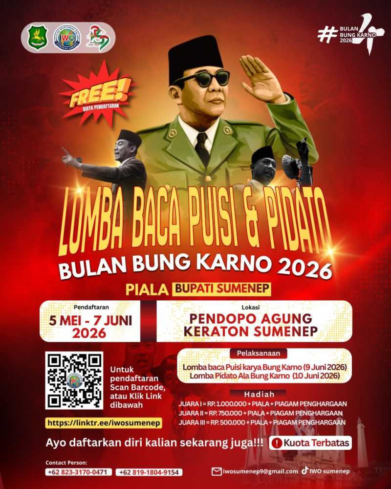Flyer Lomba Baca Puisi dan Pidato gaya Bung Karno yang diselenggarakan oleh Ikatan Wartawan Online Sumenep (Za - garudajatim.com)